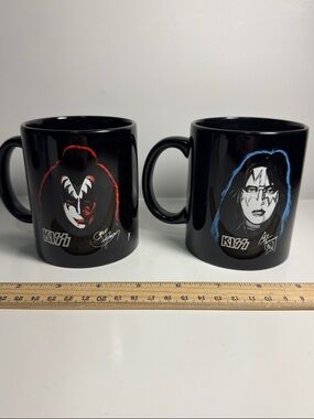 Kiss Black Ceramic Mugs Gene Simmons and Ace Frehley 80's rock legends
